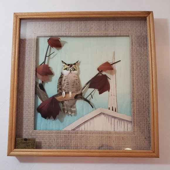 CAC Feather Art 3D Owl Perched on Branch Vintage - Picture 1 of 4